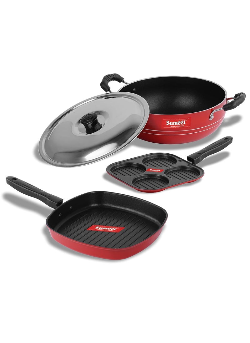 Sumeet 2.6mm Thick Non-Stick Rowan Combo set (Mini Multi Snack Maker – 19.5cm Dia + Kadhai with Lid – 1.5Ltr capacity- 20cm Dia + Grill Pan – 1.1Ltr Capacity – 22cm Dia)