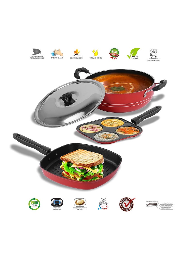 Sumeet 2.6mm Thick Non-Stick Rowan Combo set (Mini Multi Snack Maker – 19.5cm Dia + Kadhai with Lid – 1.5Ltr capacity- 20cm Dia + Grill Pan – 1.1Ltr Capacity – 22cm Dia)