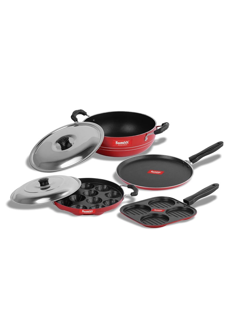 Sumeet 2.6mm Thick Non-Stick Rojo Cookware set (Dosa Tawa – 26.5cm Dia + Mini Multi Snack Maker – 19.5cm Dia + Kadhai with Lid – 1.5Ltr capacity- 20cm Dia + Grill Appam Patra with Lid – 23cm Dia)