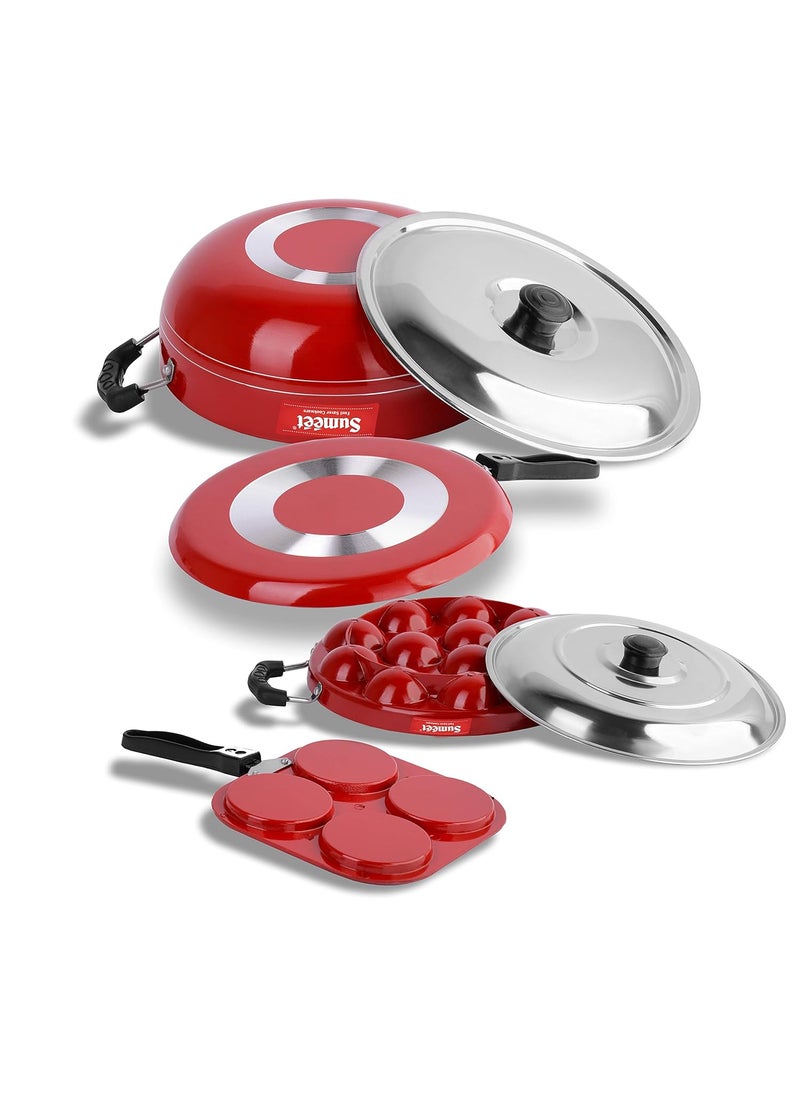 Sumeet 2.6mm Thick Non-Stick Rojo Cookware set (Dosa Tawa – 26.5cm Dia + Mini Multi Snack Maker – 19.5cm Dia + Kadhai with Lid – 1.5Ltr capacity- 20cm Dia + Grill Appam Patra with Lid – 23cm Dia)