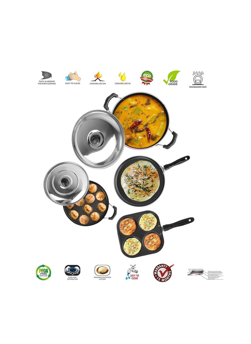 Sumeet 2.6mm Thick Non-Stick Rojo Cookware set (Dosa Tawa – 26.5cm Dia + Mini Multi Snack Maker – 19.5cm Dia + Kadhai with Lid – 1.5Ltr capacity- 20cm Dia + Grill Appam Patra with Lid – 23cm Dia)