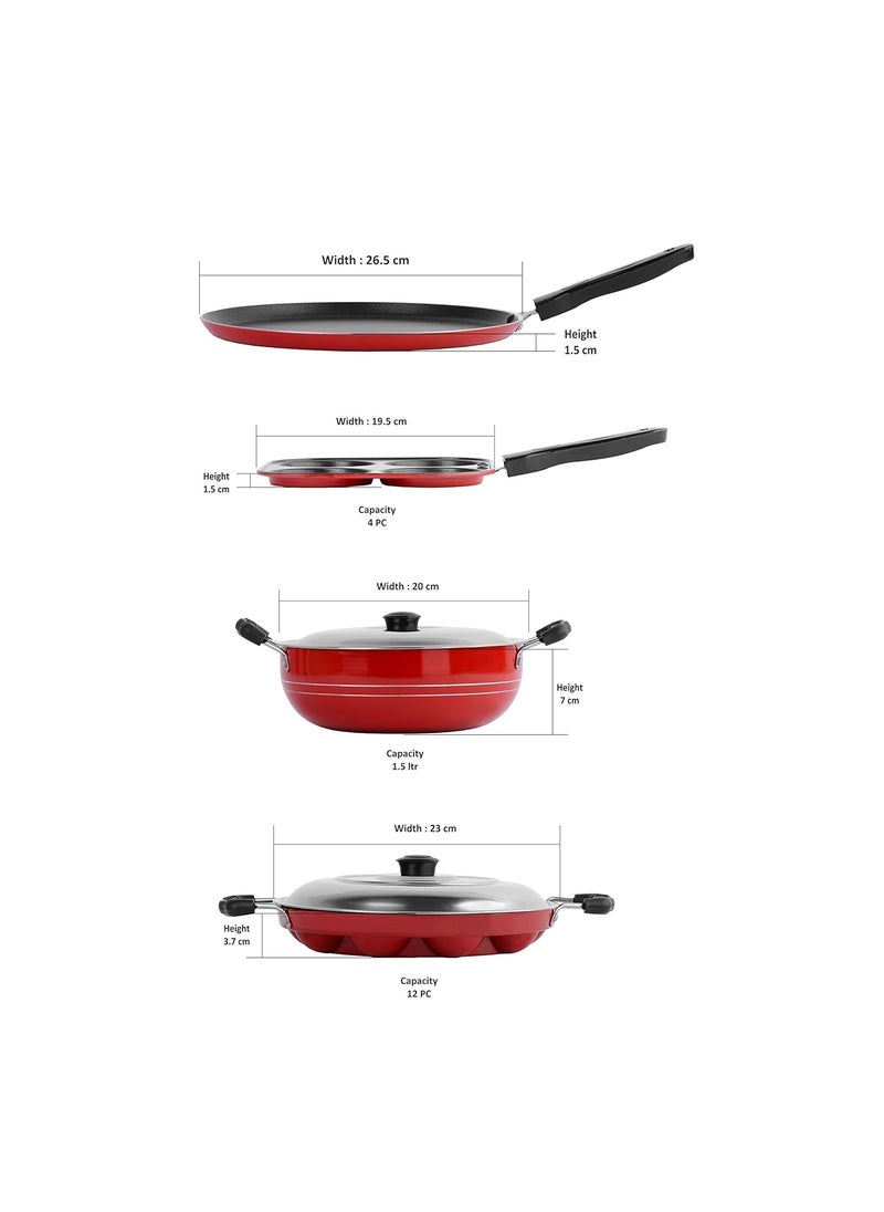 Sumeet 2.6mm Thick Non-Stick Rojo Cookware set (Dosa Tawa – 26.5cm Dia + Mini Multi Snack Maker – 19.5cm Dia + Kadhai with Lid – 1.5Ltr capacity- 20cm Dia + Grill Appam Patra with Lid – 23cm Dia)