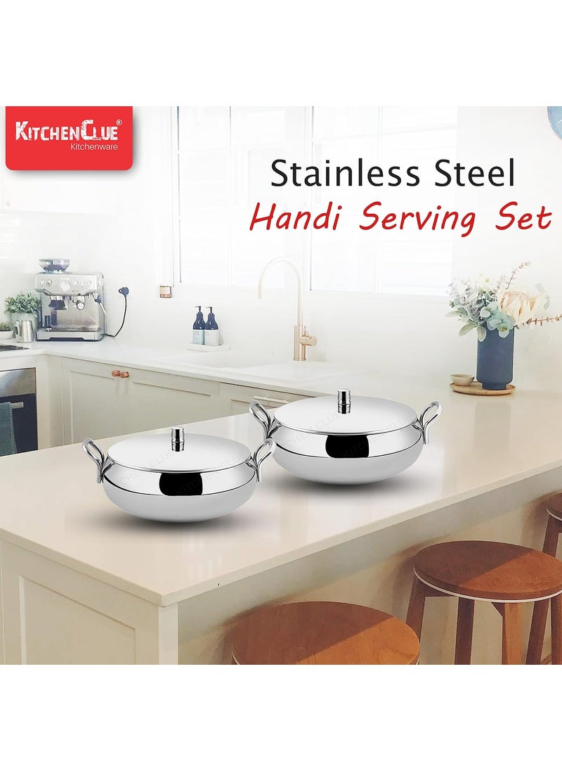 KITCHEN CLUE Stainless Steel Handi Set with Lids - Easy to Carry Handle - 2 Pcs Handi with 2 Pcs Serving Spoon, 1750 ML - Serving Cookware Kitchen Set - Ideal for Store & Serve - Highly Durable