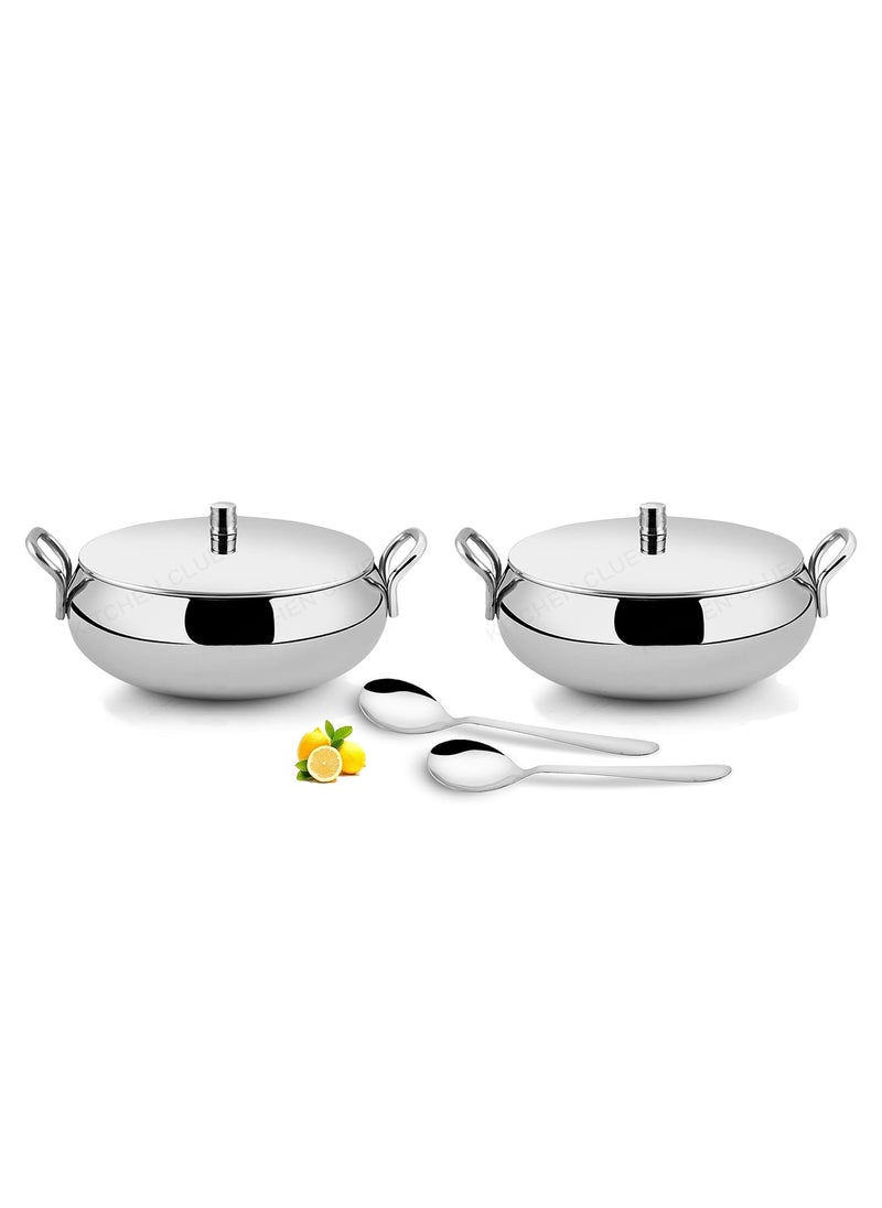 KITCHEN CLUE Stainless Steel Handi Set with Lids - Easy to Carry Handle - 2 Pcs Handi with 2 Pcs Serving Spoon, 1750 ML - Serving Cookware Kitchen Set - Ideal for Store & Serve - Highly Durable