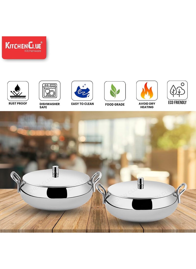 KITCHEN CLUE Stainless Steel Handi Set with Lids - Easy to Carry Handle - 2 Pcs Handi with 2 Pcs Serving Spoon, 1750 ML - Serving Cookware Kitchen Set - Ideal for Store & Serve - Highly Durable