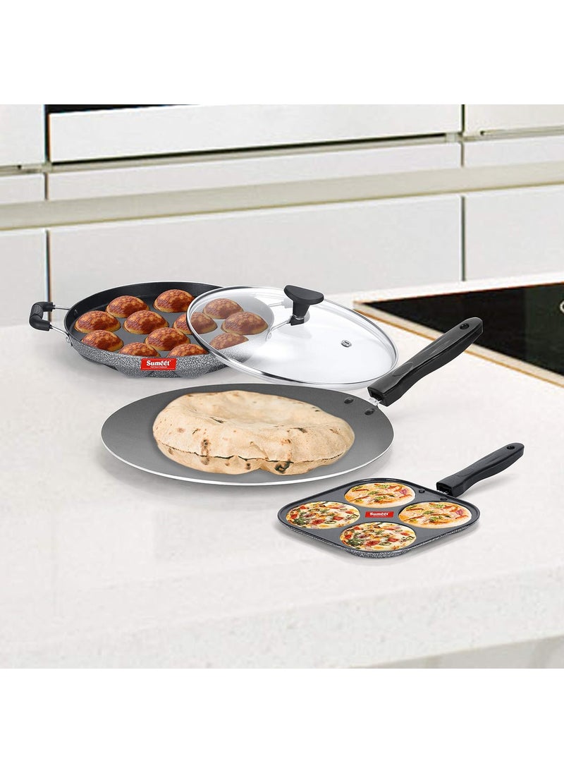 Sumeet NonStick Boz Cookware Set (Mini Multi Snack Maker - 4 Cavity -19.5cm + Grill Appam Patra with Glass Lid - 12 Cavity - 22cm Dia + Conceve/Roti Tawa - 28Cm Dia)