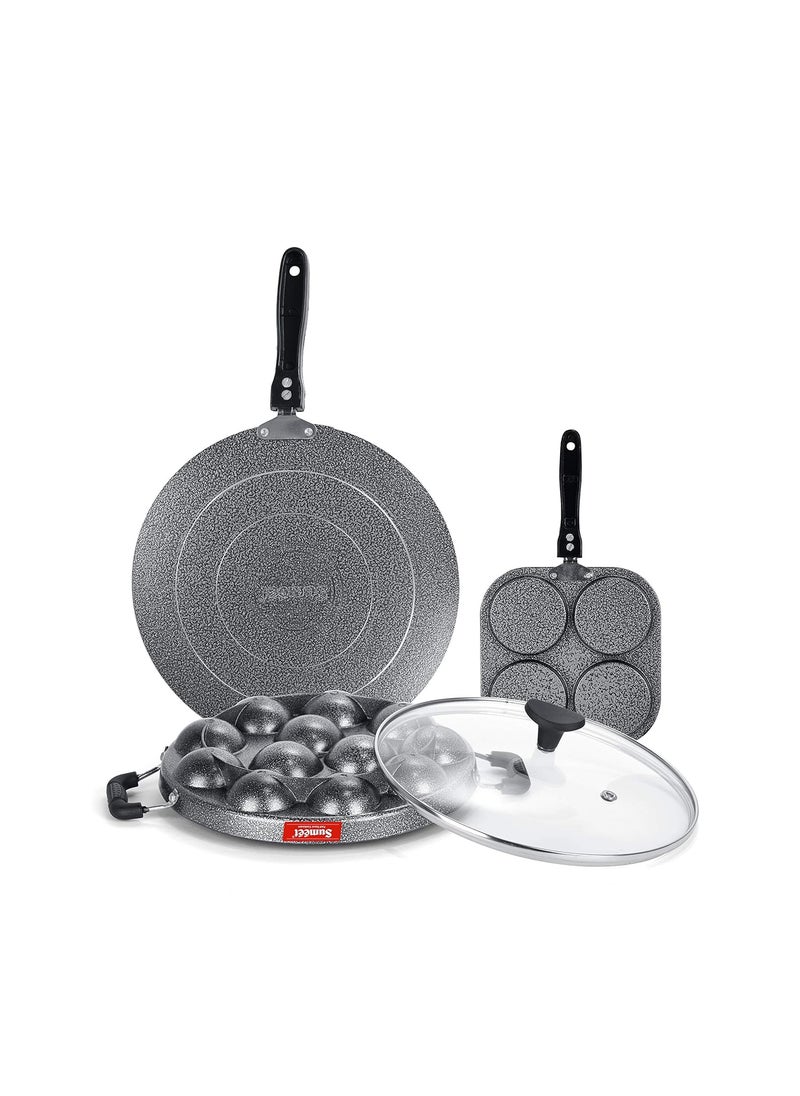 Sumeet NonStick Boz Cookware Set (Mini Multi Snack Maker - 4 Cavity -19.5cm + Grill Appam Patra with Glass Lid - 12 Cavity - 22cm Dia + Conceve/Roti Tawa - 28Cm Dia)