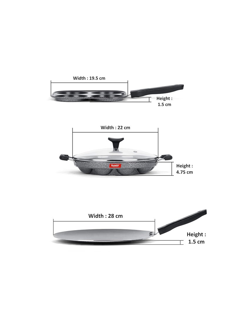 Sumeet NonStick Boz Cookware Set (Mini Multi Snack Maker - 4 Cavity -19.5cm + Grill Appam Patra with Glass Lid - 12 Cavity - 22cm Dia + Conceve/Roti Tawa - 28Cm Dia)