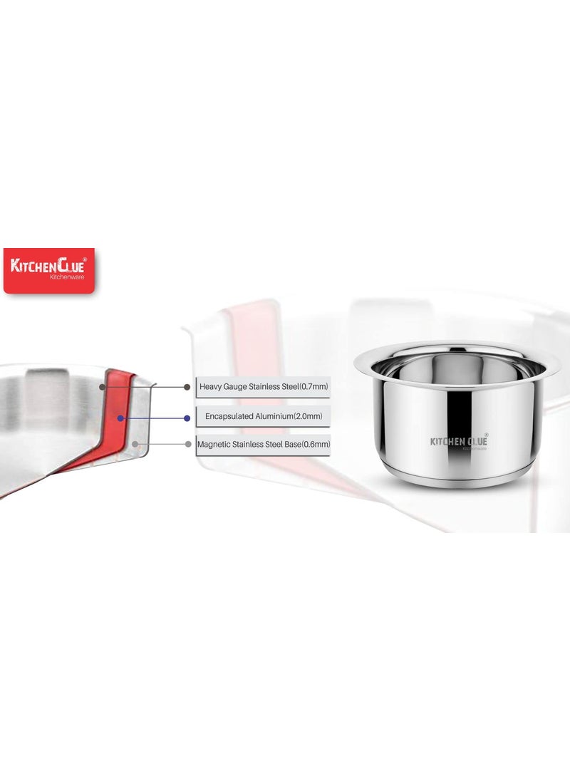 KITCHEN CLUE Stainless Steel 3 pc Cookware Tope Set with Capacity of 1200_1600_2000 ML (Gas Stove and Induction Friendly) - Silver, 5 Years Warranty I Heavy Bottom I TRIPLY Base