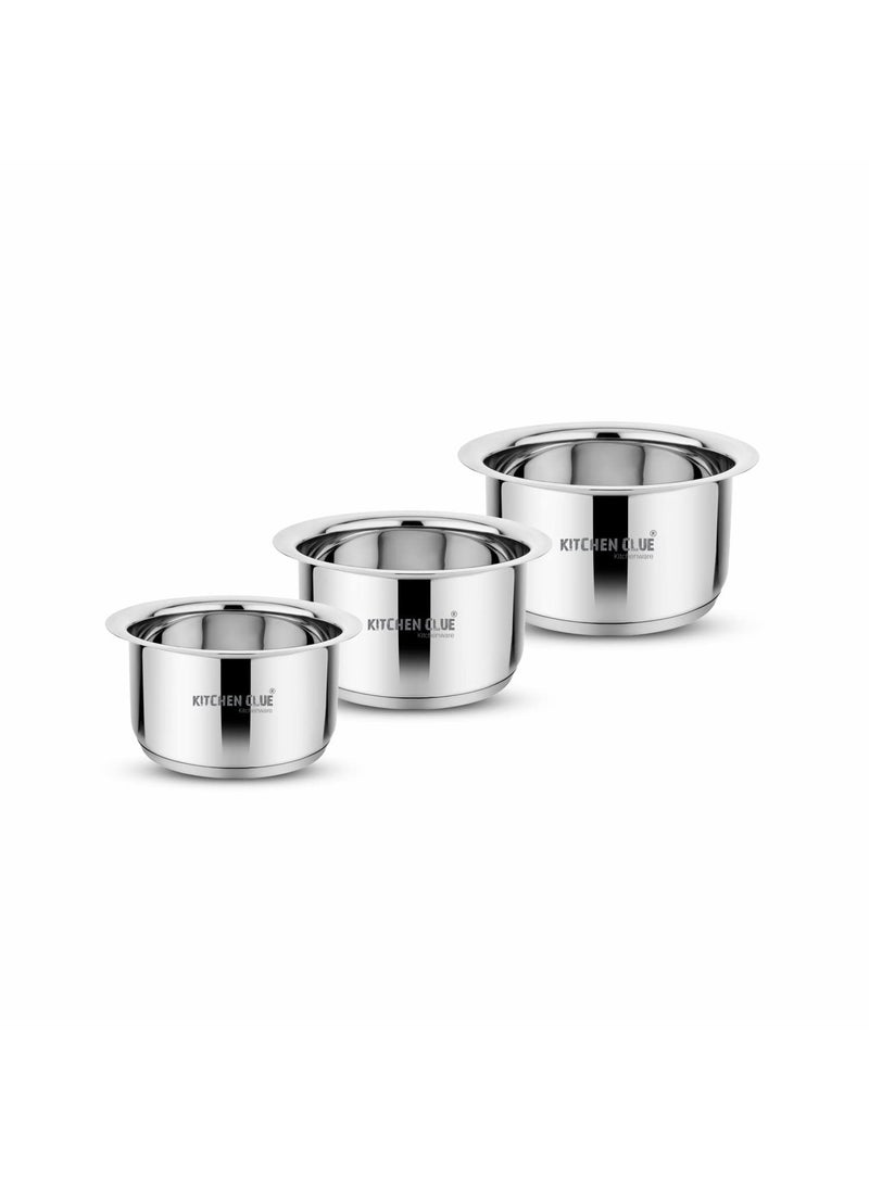 KITCHEN CLUE Stainless Steel 3 pc Cookware Tope Set with Capacity of 1200_1600_2000 ML (Gas Stove and Induction Friendly) - Silver, 5 Years Warranty I Heavy Bottom I TRIPLY Base