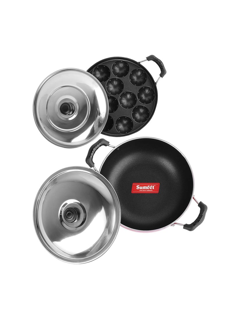 Sumeet 2.6mm Thick Non-Stick Get Ready Cookware set (Kadhai with Lid – 1.5Ltr capacity- 20cm Dia + Grill Appam Patra with Lid – 23cm Dia)