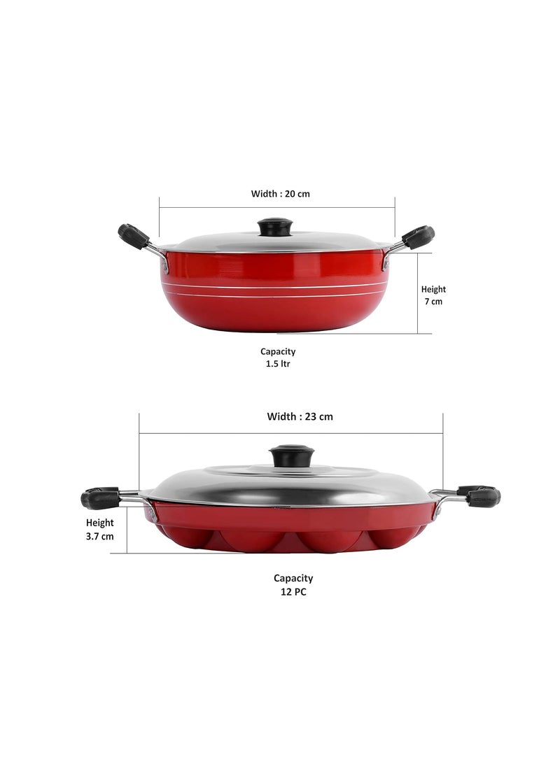 Sumeet 2.6mm Thick Non-Stick Get Ready Cookware set (Kadhai with Lid – 1.5Ltr capacity- 20cm Dia + Grill Appam Patra with Lid – 23cm Dia)