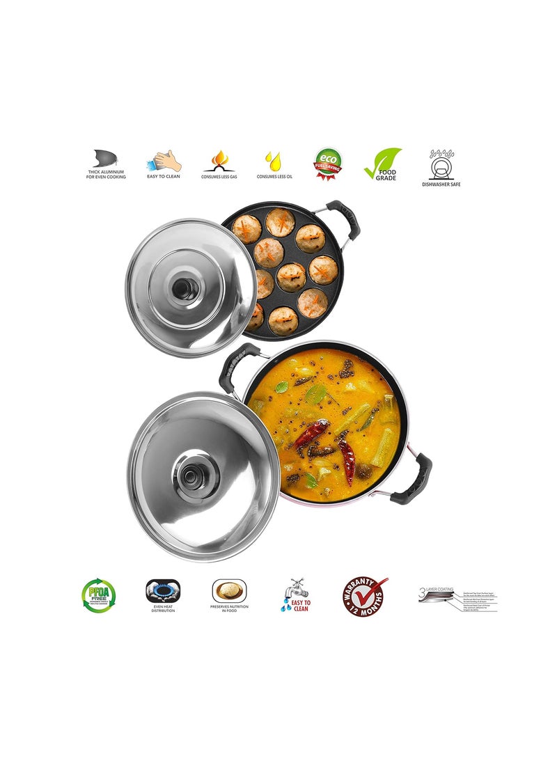 Sumeet 2.6mm Thick Non-Stick Get Ready Cookware set (Kadhai with Lid – 1.5Ltr capacity- 20cm Dia + Grill Appam Patra with Lid – 23cm Dia)