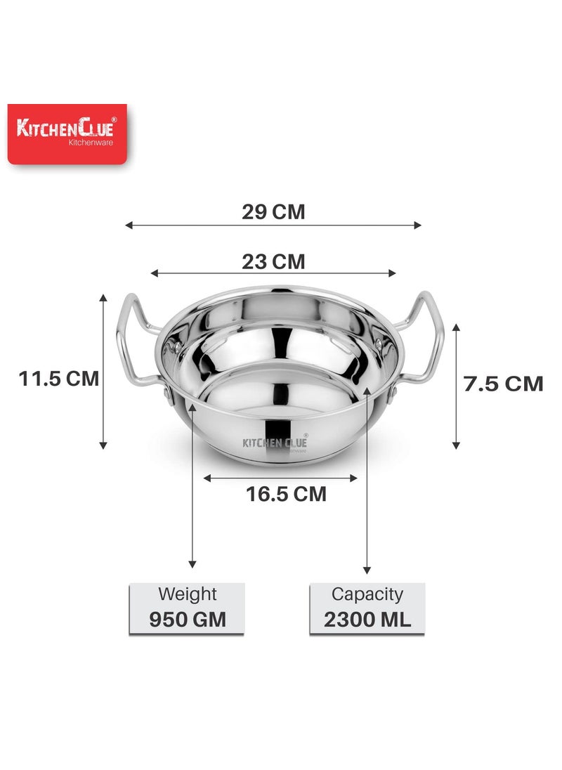 KITCHEN CLUE Stainless Steel Triply Base Kadhai/Kadai Set (2300 ML) Induction & Gas Stove Friendly, Heavy Guage Bottom Steel Kadhai/Tasra for Cooking, Comes with 5 Year Warranty