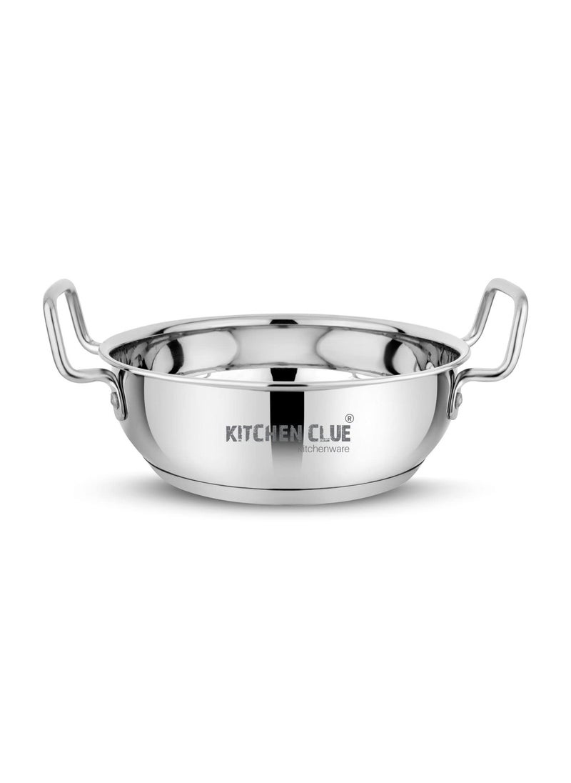 KITCHEN CLUE Stainless Steel Triply Base Kadhai/Kadai Set (2300 ML) Induction & Gas Stove Friendly, Heavy Guage Bottom Steel Kadhai/Tasra for Cooking, Comes with 5 Year Warranty
