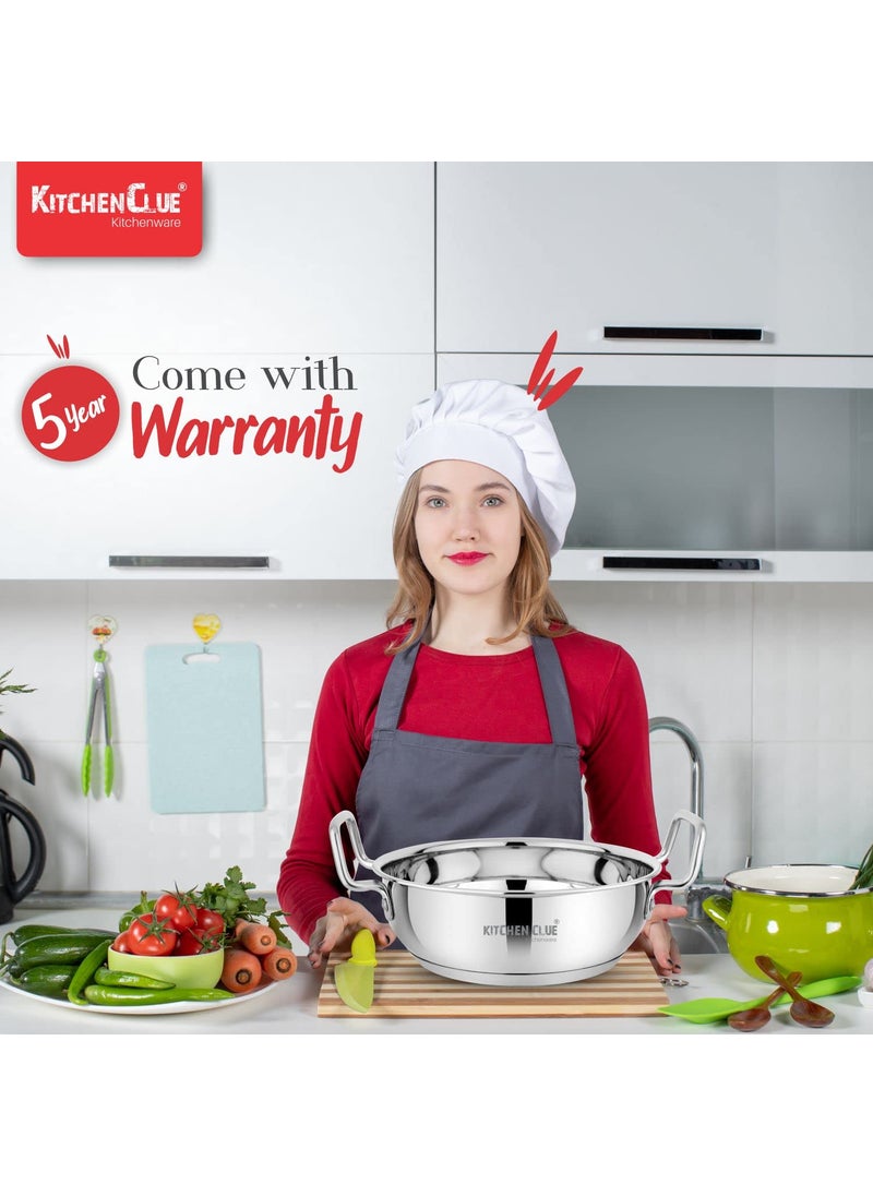 KITCHEN CLUE Stainless Steel Triply Base Kadhai/Kadai Set (2300 ML) Induction & Gas Stove Friendly, Heavy Guage Bottom Steel Kadhai/Tasra for Cooking, Comes with 5 Year Warranty