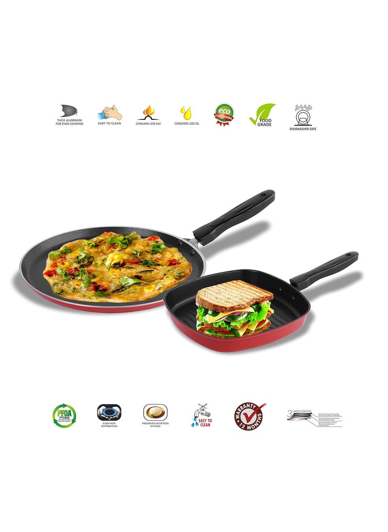 Sumeet 2.6mm Thick Non-Stick Berry Cookware set (Dosa Tawa – 26.5cm Dia + Grill Pan – 1.1Ltr Capacity – 22cm Dia)