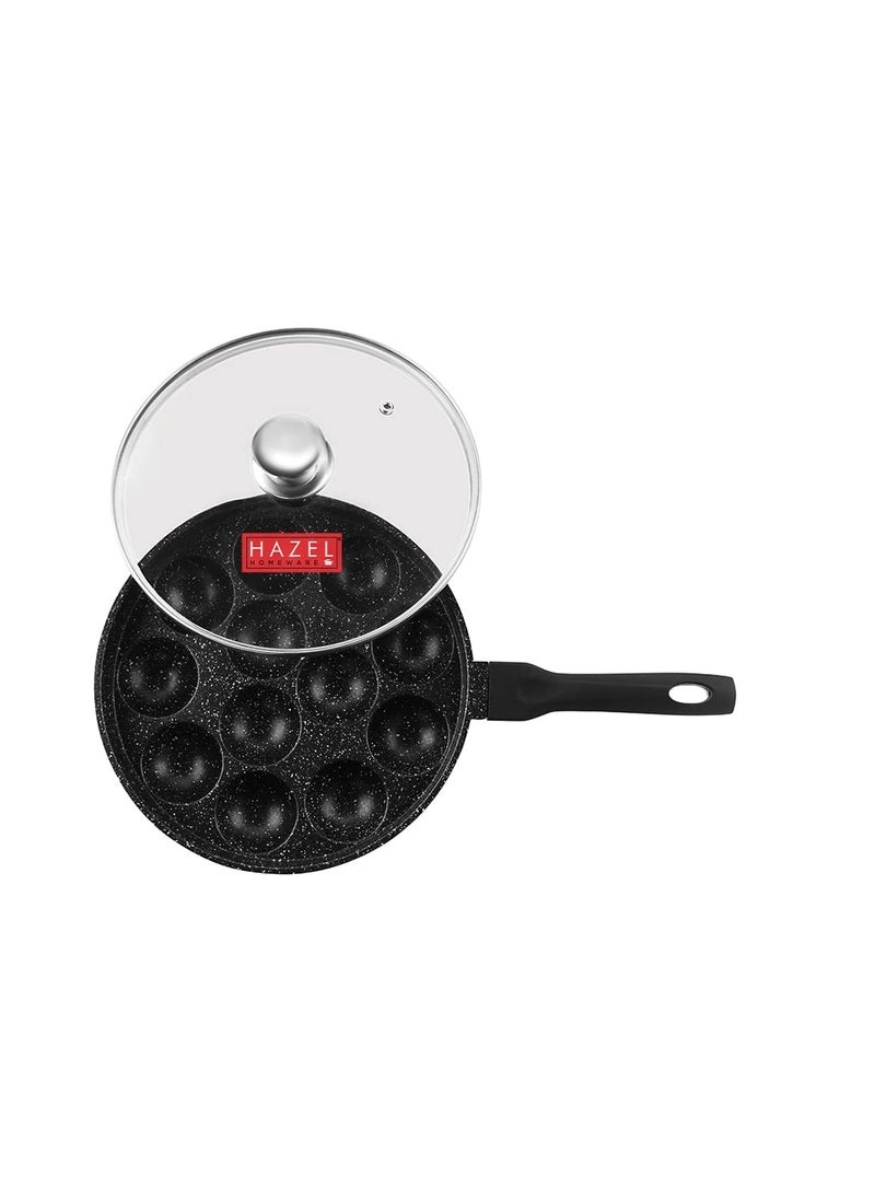 HAZEL Marvy Appe Maker Non Stick | 12 Cavity Appe Pan Non Stick with Glass Lid | Aluminium Appam Chatty Maker Tawa | Homemade Appam Making Tool