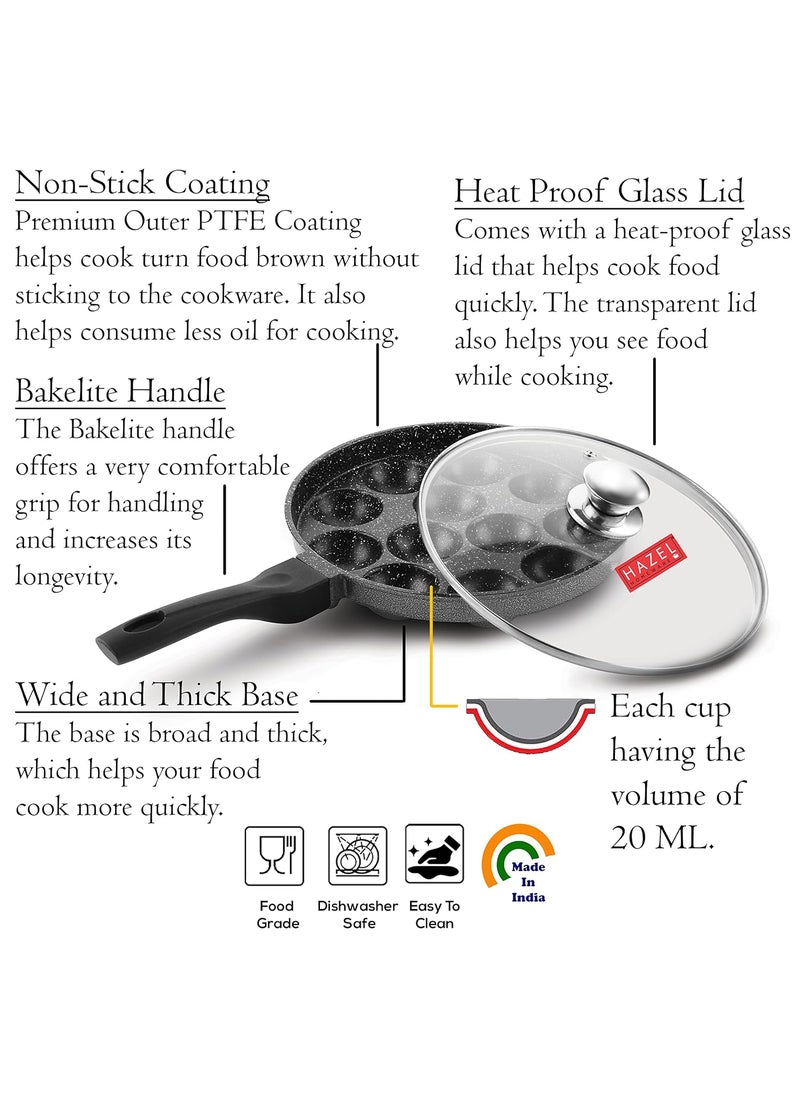 HAZEL Marvy Appe Maker Non Stick | 12 Cavity Appe Pan Non Stick with Glass Lid | Aluminium Appam Chatty Maker Tawa | Homemade Appam Making Tool