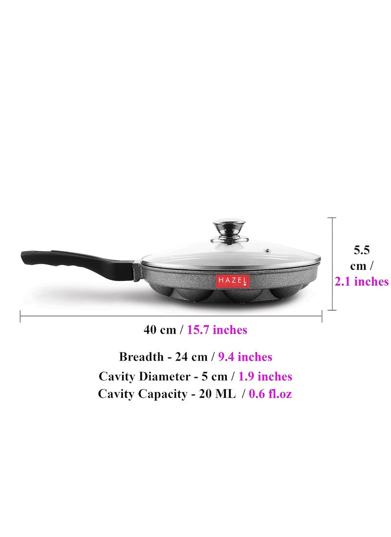 HAZEL Marvy Appe Maker Non Stick | 12 Cavity Appe Pan Non Stick with Glass Lid | Aluminium Appam Chatty Maker Tawa | Homemade Appam Making Tool