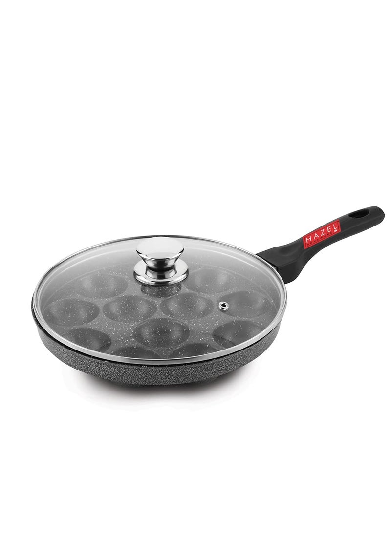 HAZEL Marvy Appe Maker Non Stick | 12 Cavity Appe Pan Non Stick with Glass Lid | Aluminium Appam Chatty Maker Tawa | Homemade Appam Making Tool