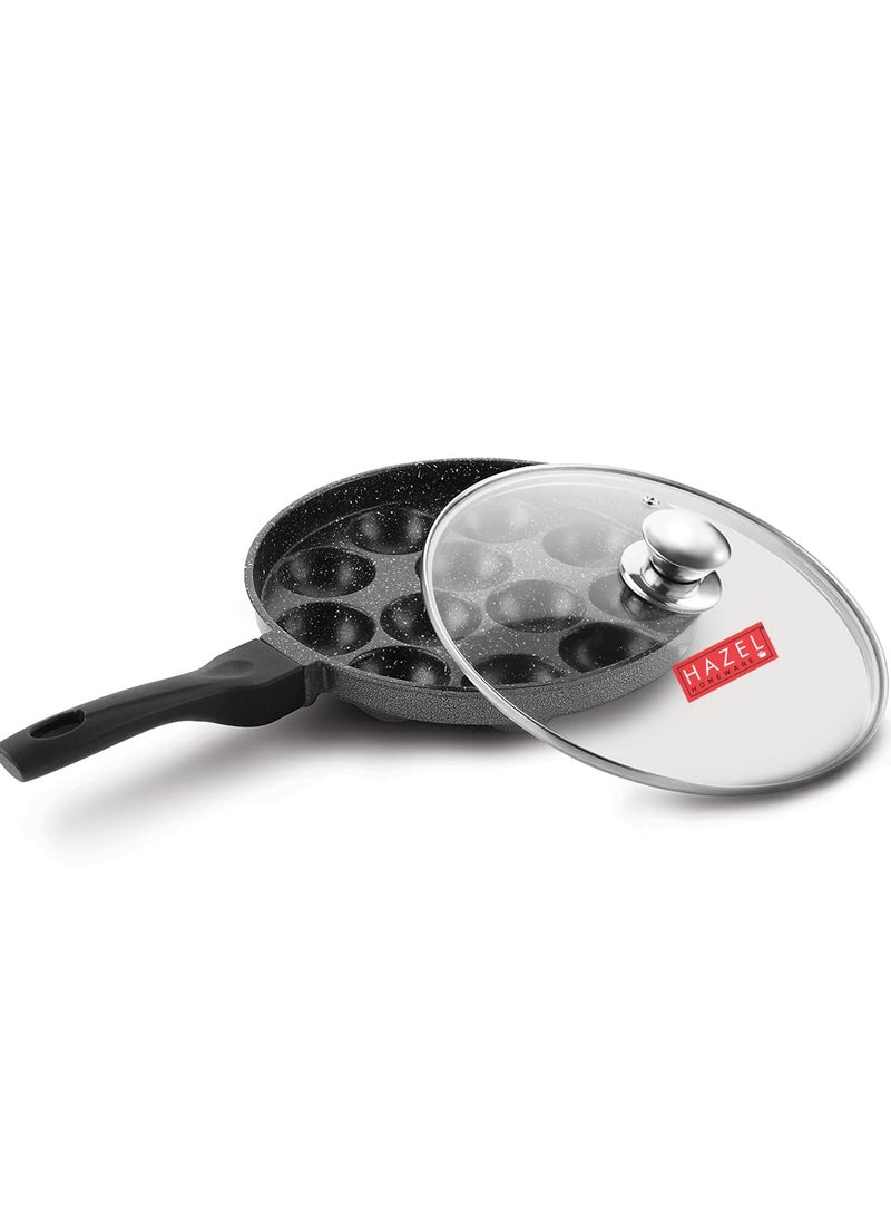 HAZEL Marvy Appe Maker Non Stick | 12 Cavity Appe Pan Non Stick with Glass Lid | Aluminium Appam Chatty Maker Tawa | Homemade Appam Making Tool