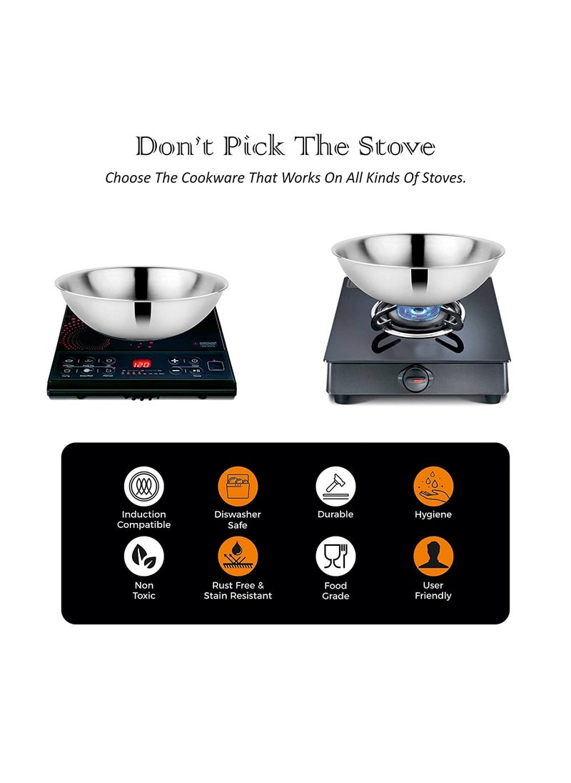 KITCHEN CLUE Stainless Steel Tasla for Cooking in Kitchen - Pack of 1 Pc, 20 Cm - 3 PLY Cooking Kadhai Set - Unbreakable & Highly Durable - Steel Cookware Combo Kitchen Set - 5 Year Warranty