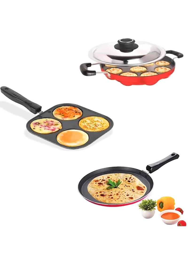 Bahurani Non-Stick Premium 3 Piece Combo Set of Appam Maker/Crispy Dosa Tawa / 4 in 1 Multi Snack Maker Mini Uthapam (Aluminum, Non-Stick)