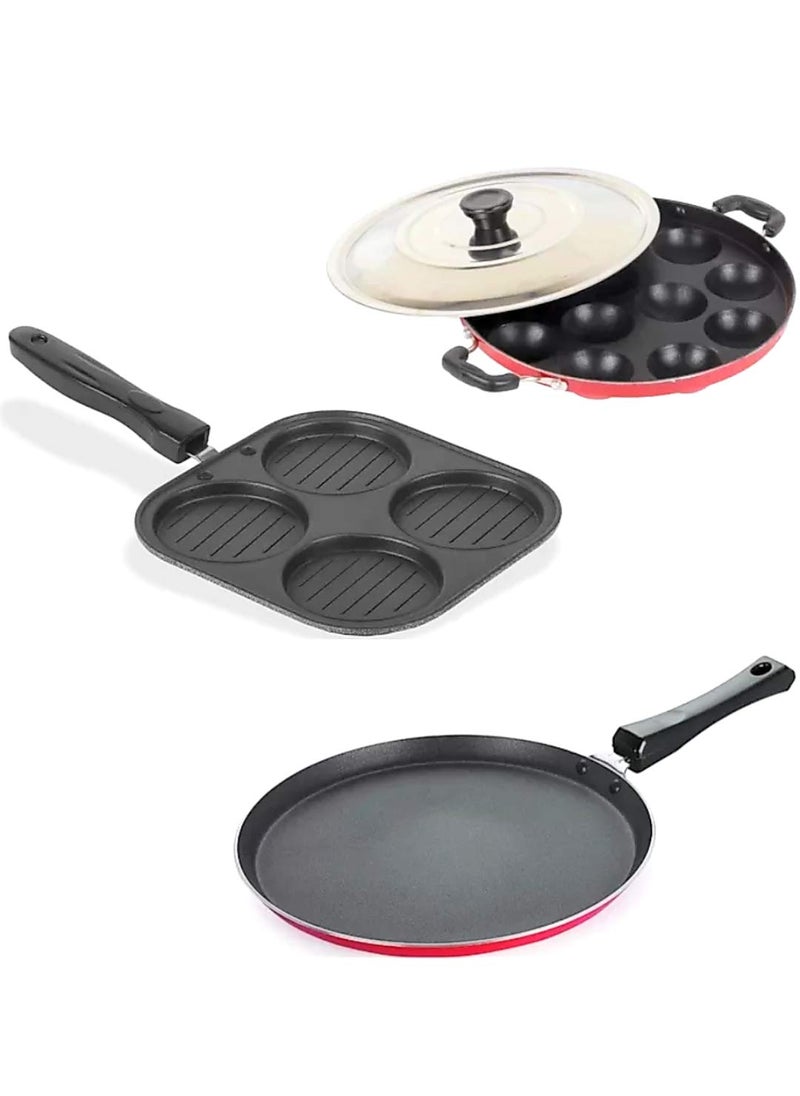 Bahurani Non-Stick Premium 3 Piece Combo Set of Appam Maker/Crispy Dosa Tawa / 4 in 1 Multi Snack Maker Mini Uthapam (Aluminum, Non-Stick)