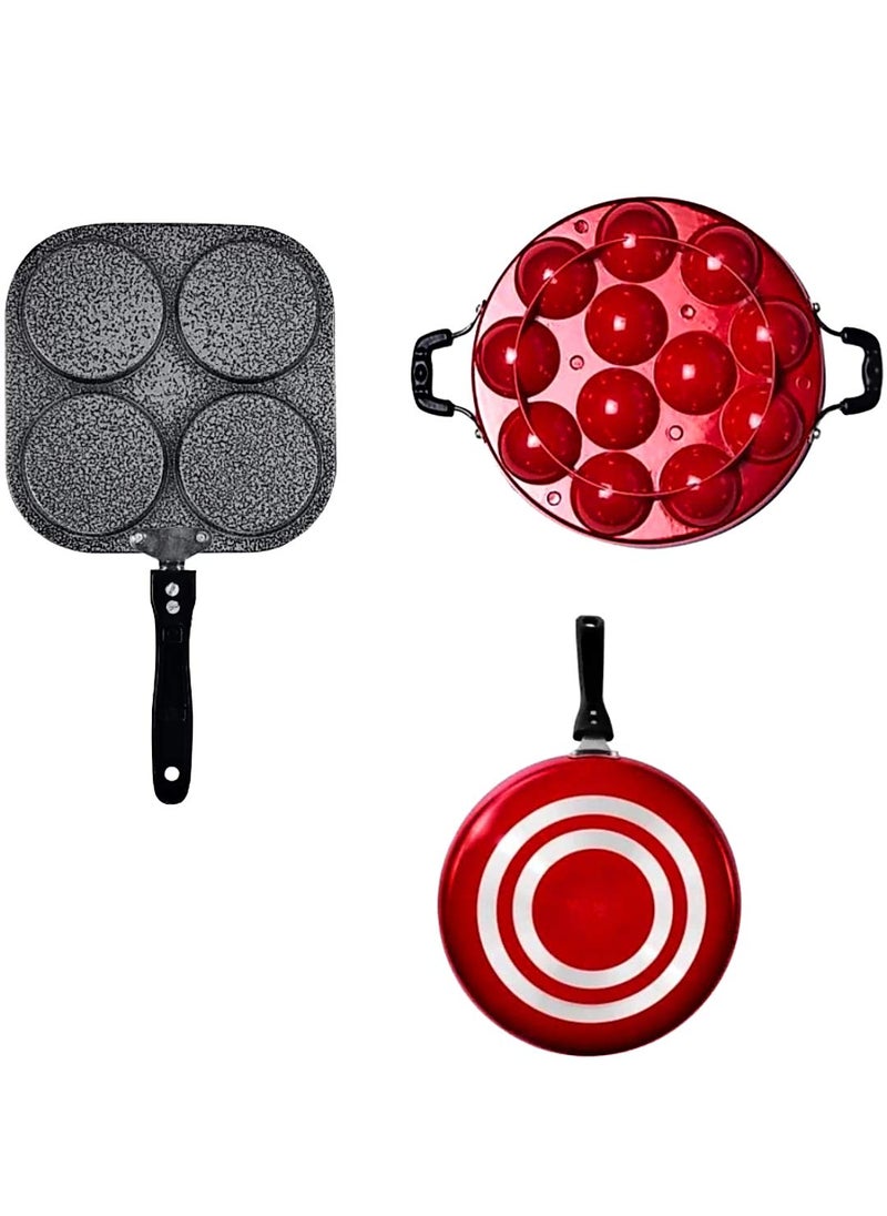 Bahurani Non-Stick Premium 3 Piece Combo Set of Appam Maker/Crispy Dosa Tawa / 4 in 1 Multi Snack Maker Mini Uthapam (Aluminum, Non-Stick)
