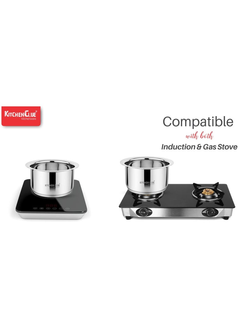 KITCHEN CLUE Tope Set 1.2 Liter for Kitchen, Premium Grade 304 Stainless Steel Cookware Set I 3.5 MM Thick TRIPLY Base (Dimensions - 17 X 17 X 8.5 cm; Size : 1200 ML; Weight : 500 Gm), Silver