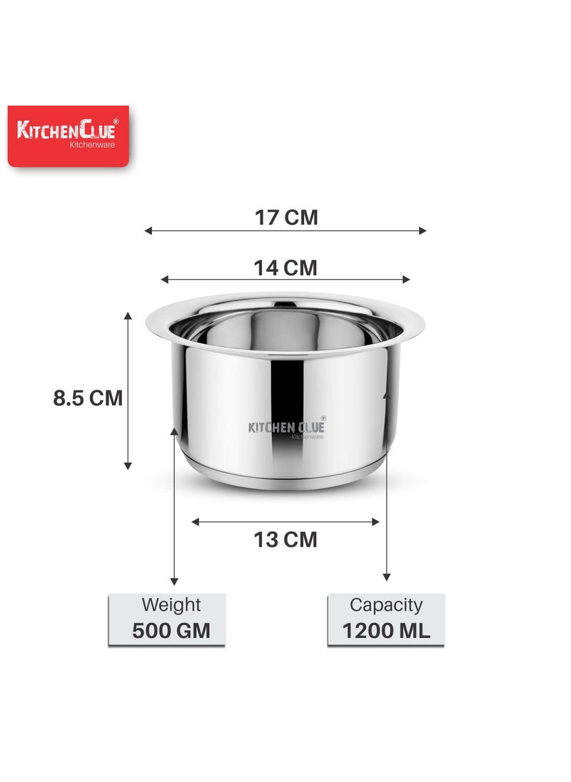KITCHEN CLUE Tope Set 1.2 Liter for Kitchen, Premium Grade 304 Stainless Steel Cookware Set I 3.5 MM Thick TRIPLY Base (Dimensions - 17 X 17 X 8.5 cm; Size : 1200 ML; Weight : 500 Gm), Silver