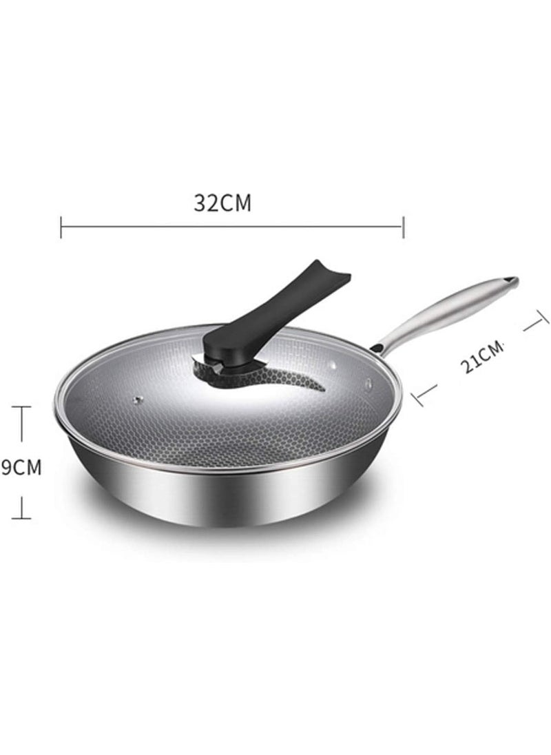 BHAVYAM Non Stick Frying pan with lid for Gas and Induction Stove Cooking Pans for Kitchen Big Size 32 cm Stainless Steel pan with Honeycomb Pattern and Handle(1 pcs)