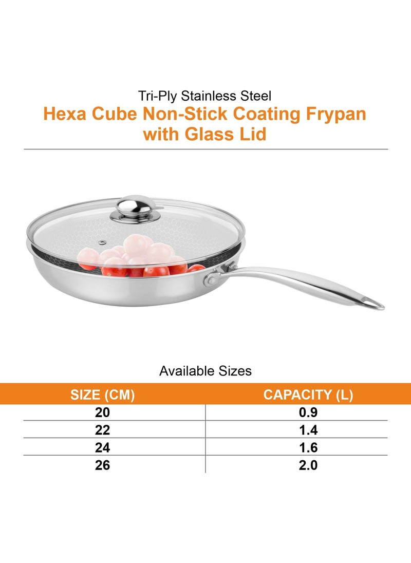 Prabha Tri-Ply Stainless Steel Hexa Cube Fry Pan, Non Stick Coating, Food-Grade Steel, 26cm, 2L, Compatible with Induction & Gas Stove, 2 Year Manufacturer Warranty