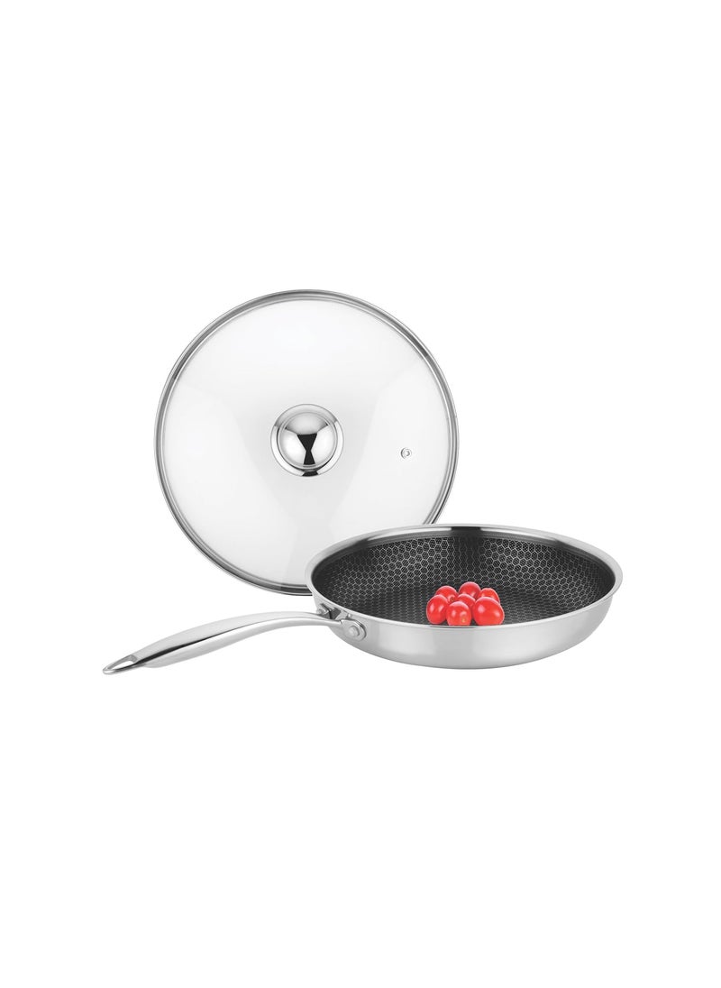 Prabha Tri-Ply Stainless Steel Hexa Cube Fry Pan, Non Stick Coating, Food-Grade Steel, 26cm, 2L, Compatible with Induction & Gas Stove, 2 Year Manufacturer Warranty