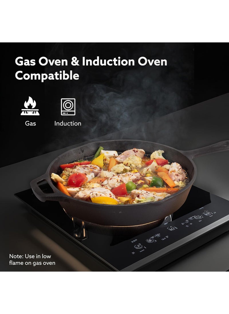 AGARO Royal Pre Seasoned Cast Iron Deep Fry Pan, 26 cm Diameter, 1.8L, No Chemical Coating, Rigid Handles, Fast Heating, Heavy Weight, Gas Oven & Induction Compatible, Frying, Cooking, Deep Frying