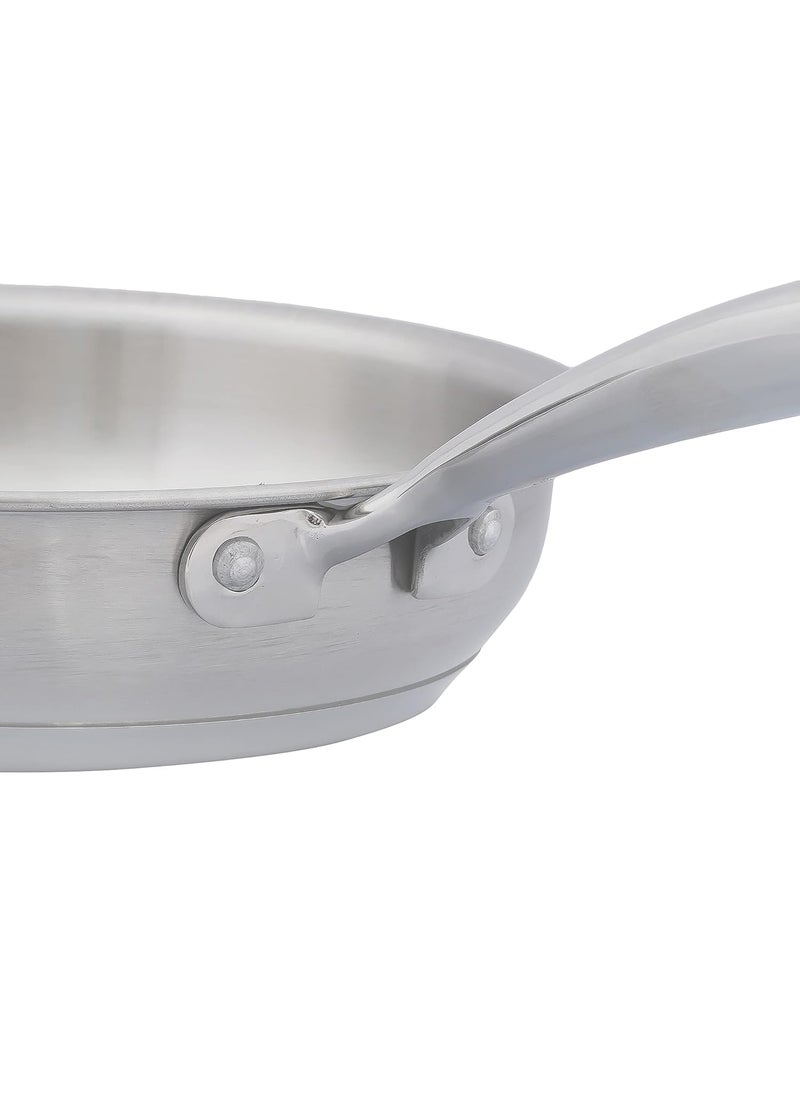 Femora Stainless Steel Flat Fry Pan, Bonded Tri-Ply Bottom, 24 cm,Silver, Zero Coating, Health Safe