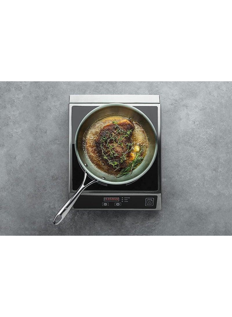 Femora Stainless Steel Flat Fry Pan, Bonded Tri-Ply Bottom, 24 cm,Silver, Zero Coating, Health Safe