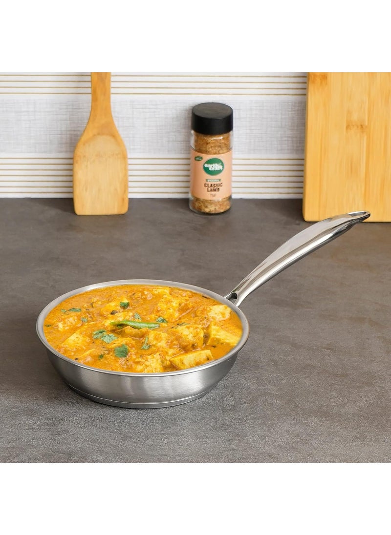 Femora Stainless Steel Flat Fry Pan, Bonded Tri-Ply Bottom, 24 cm,Silver, Zero Coating, Health Safe