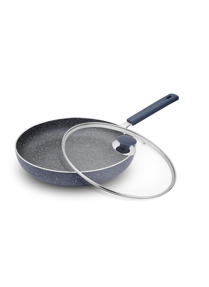 Prabha Marble Coating Deep Fry Pan, Transparent Glass Lid, 3mm Thickness, 24cm, 1.7L, Compatible with Induction & Gas Stove, Non-Stick & PFOA Free