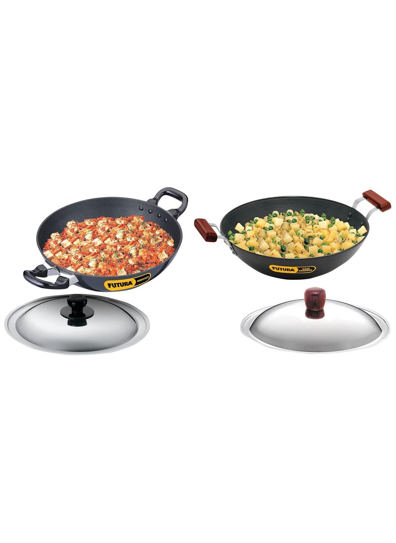 Hawkins Futura 2.5 Litre Deep Fry Pan, Non Stick Kadai with Stainless Steel Lid, Round Bottom Kadhai, Black & Futura 5 Litre Deep Fry Pan, Hard Anodised Kadai with Stainless Steel Lid, Flat Bottom