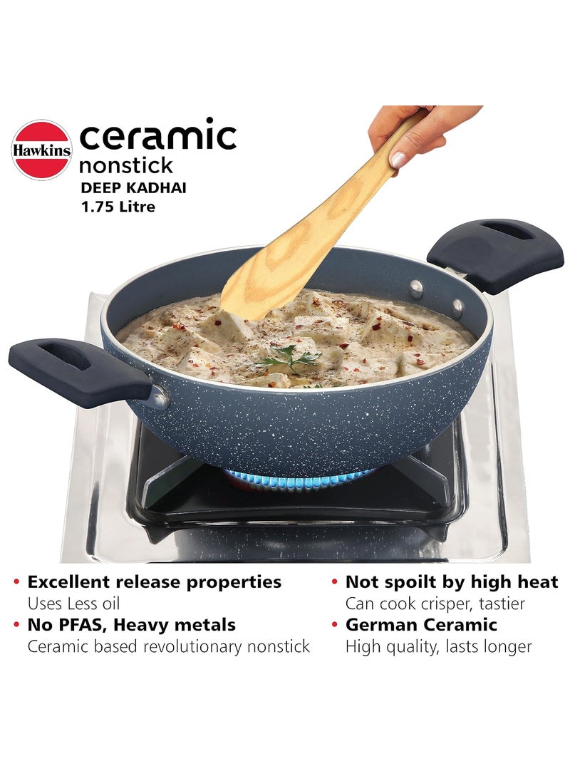 Hawkins Ceramic Nonstick 1.75 Litre Deep Kadhai, Induction Deep Fry Pan with Glass Lid, Granite Kadai (ICK175G)