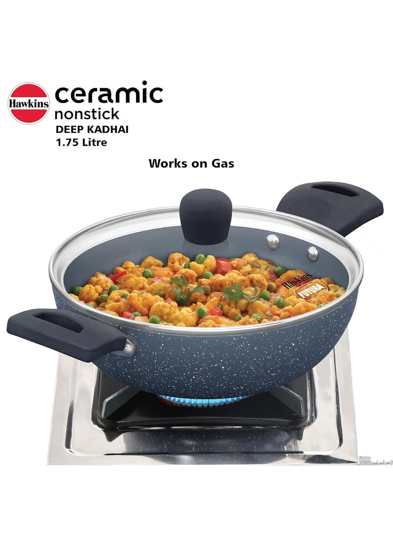 Hawkins Ceramic Nonstick 1.75 Litre Deep Kadhai, Induction Deep Fry Pan with Glass Lid, Granite Kadai (ICK175G)