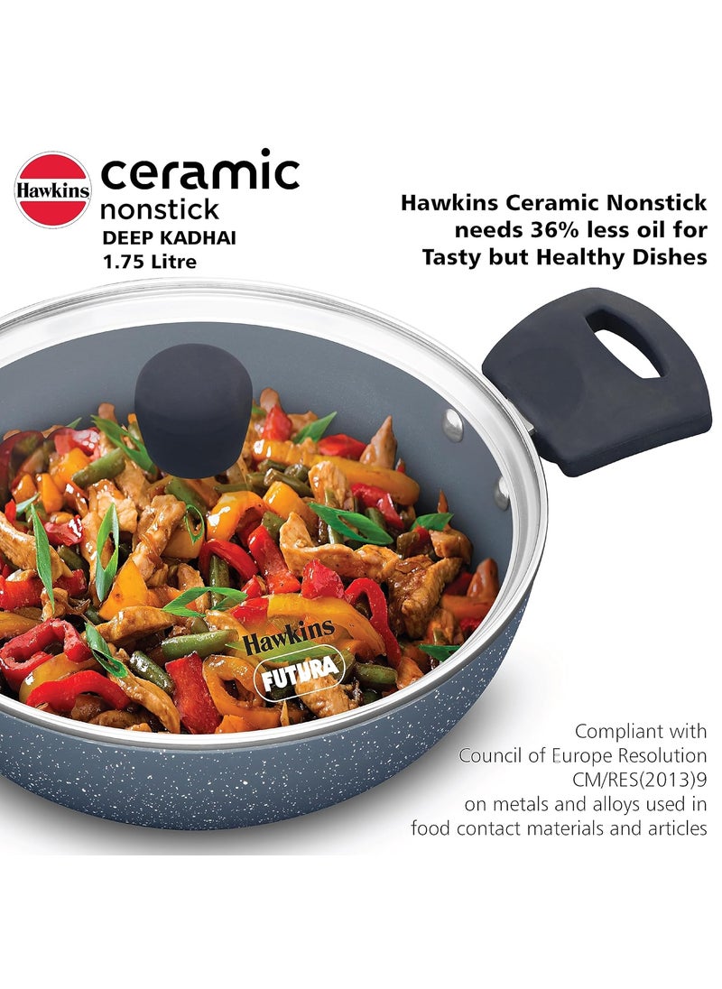 Hawkins Ceramic Nonstick 1.75 Litre Deep Kadhai, Induction Deep Fry Pan with Glass Lid, Granite Kadai (ICK175G)
