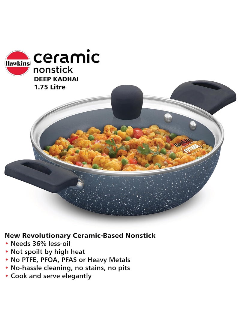 Hawkins Ceramic Nonstick 1.75 Litre Deep Kadhai, Induction Deep Fry Pan with Glass Lid, Granite Kadai (ICK175G)