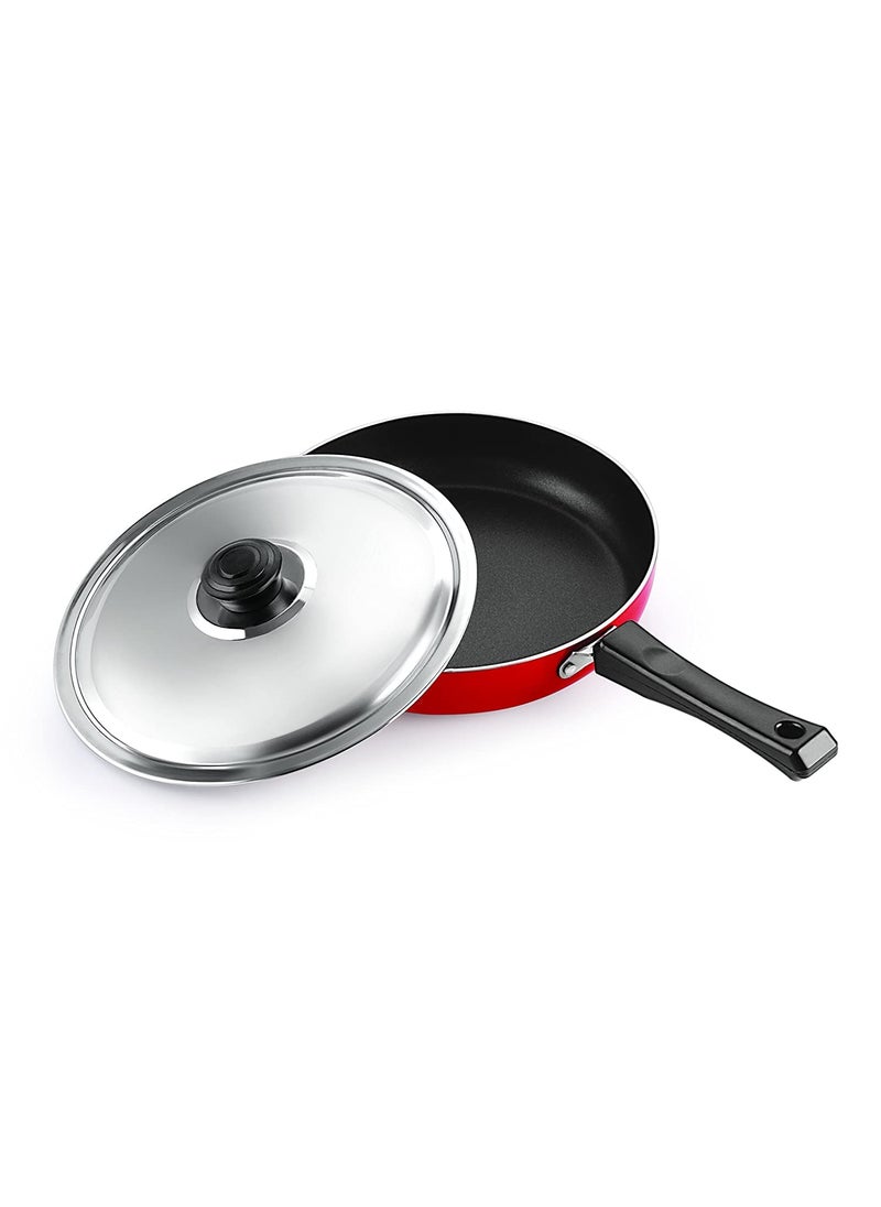 NIRLON Aluminium Non Stick Gas Friendly Frying Pan with Stainless Steel Lid-28cm, 3.2 Litre (Red)