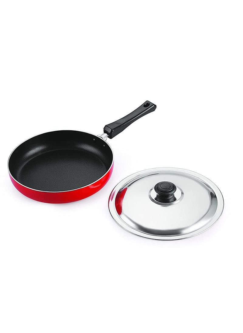 NIRLON Aluminium Non Stick Gas Friendly Frying Pan with Stainless Steel Lid-28cm, 3.2 Litre (Red)