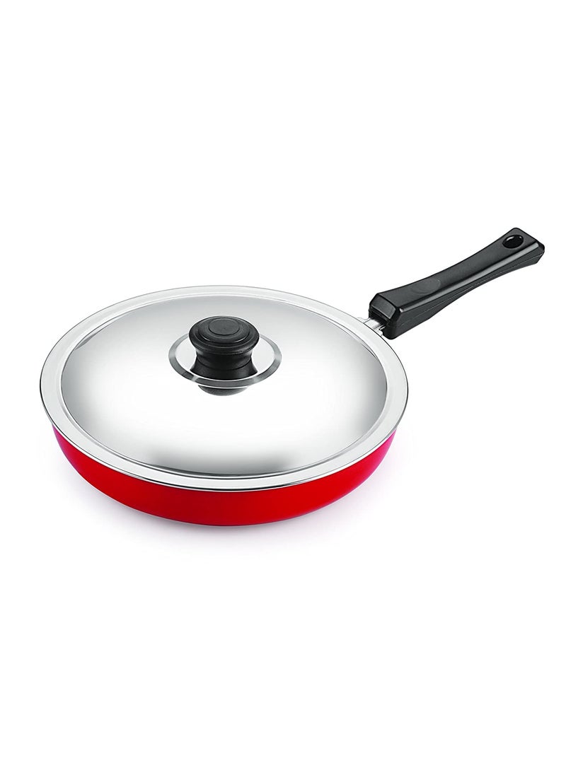 NIRLON Aluminium Non Stick Gas Friendly Frying Pan with Stainless Steel Lid-28cm, 3.2 Litre (Red)