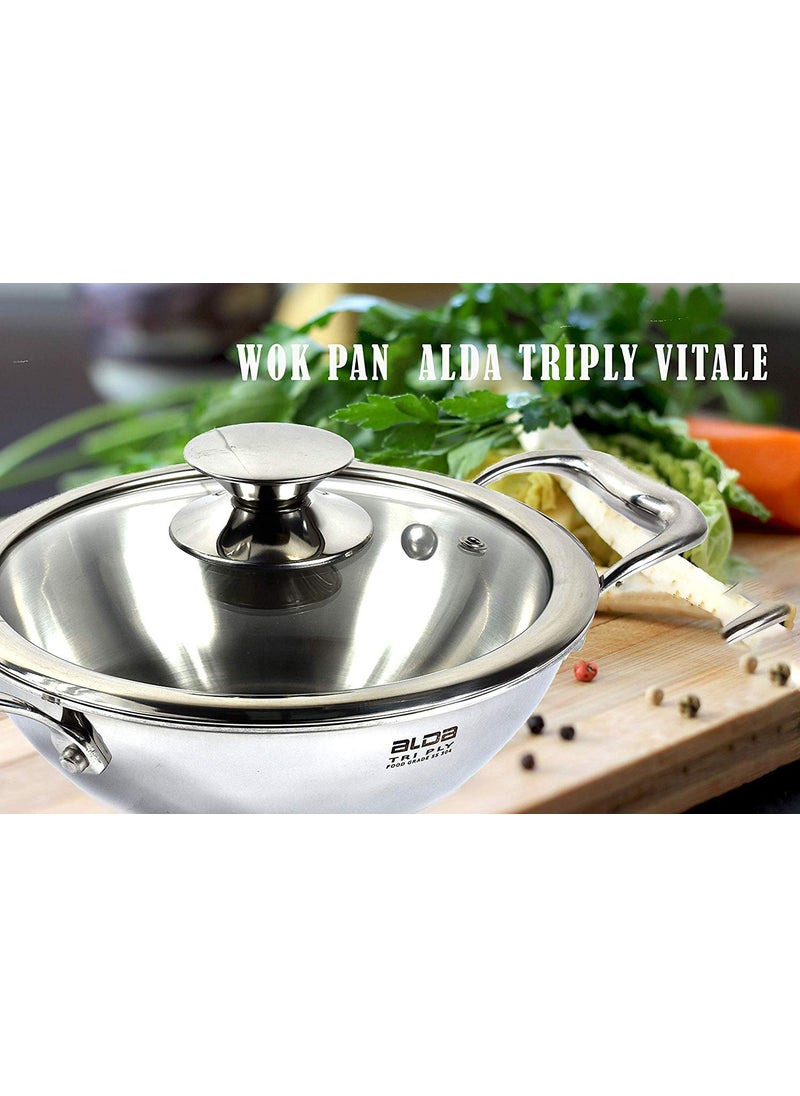 Alda Stainless Steel Wok With Glass Lid- Silver