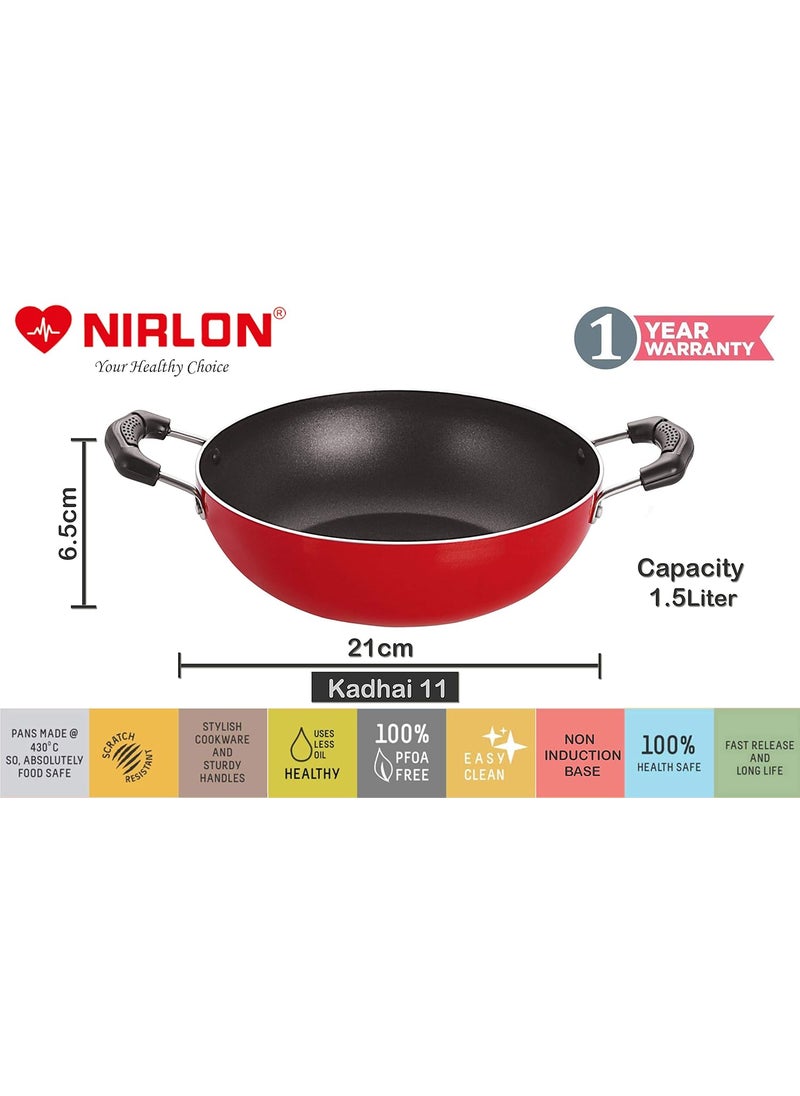Nirlon Non Stick Food Grade Quality Aluminium deep kadai/Wok Pans 21cm - 1.5 LTR[Red_KD11]